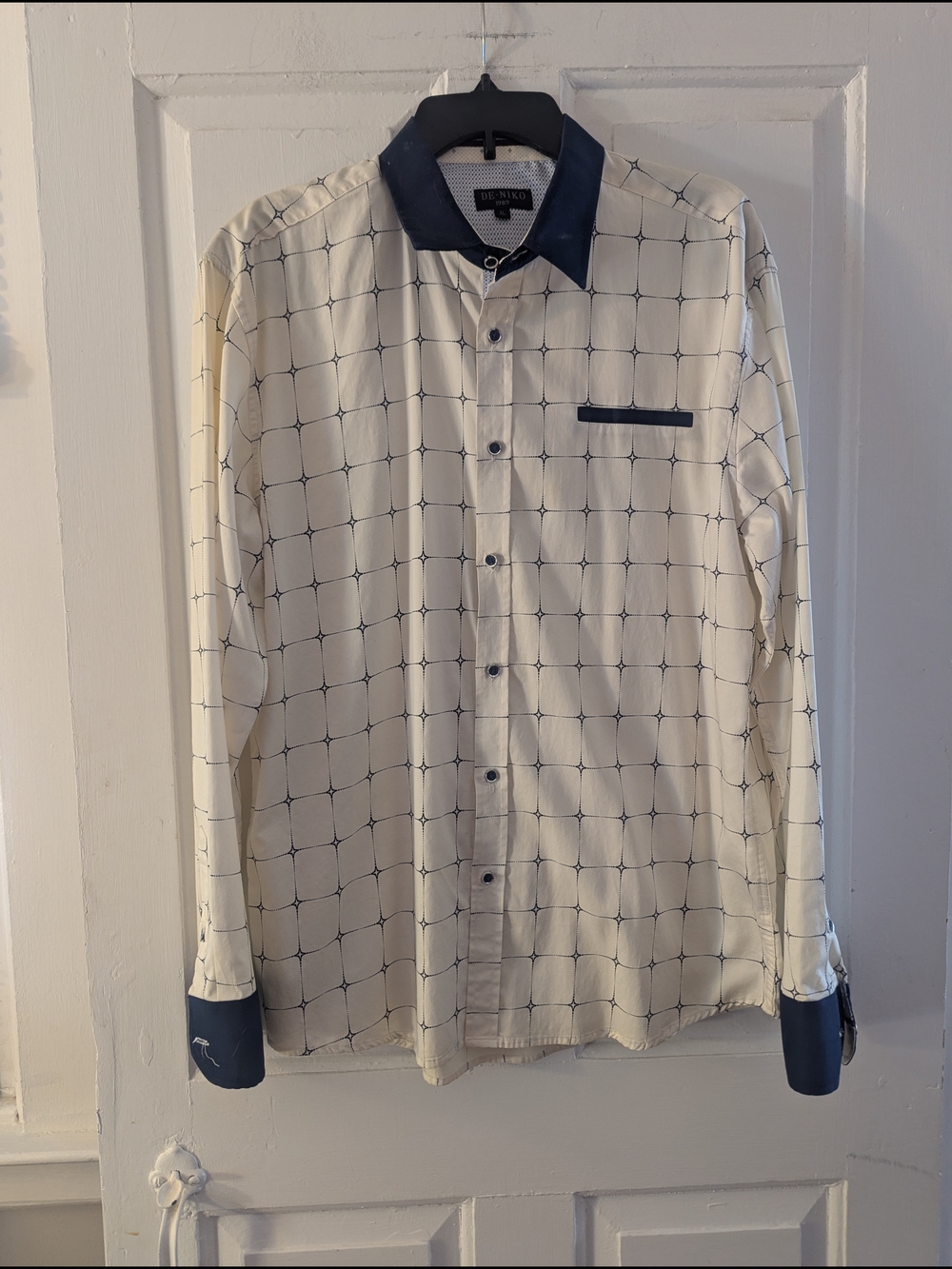 Slim Fit Cream Windowpane Dress Shirt with Navy Accents